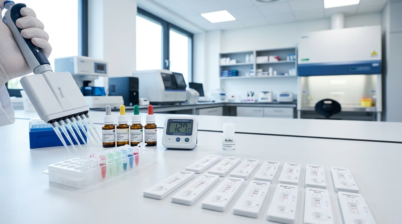 Rapid diagnostic test cassettes, IVD reagents, and precision micropipette workstation