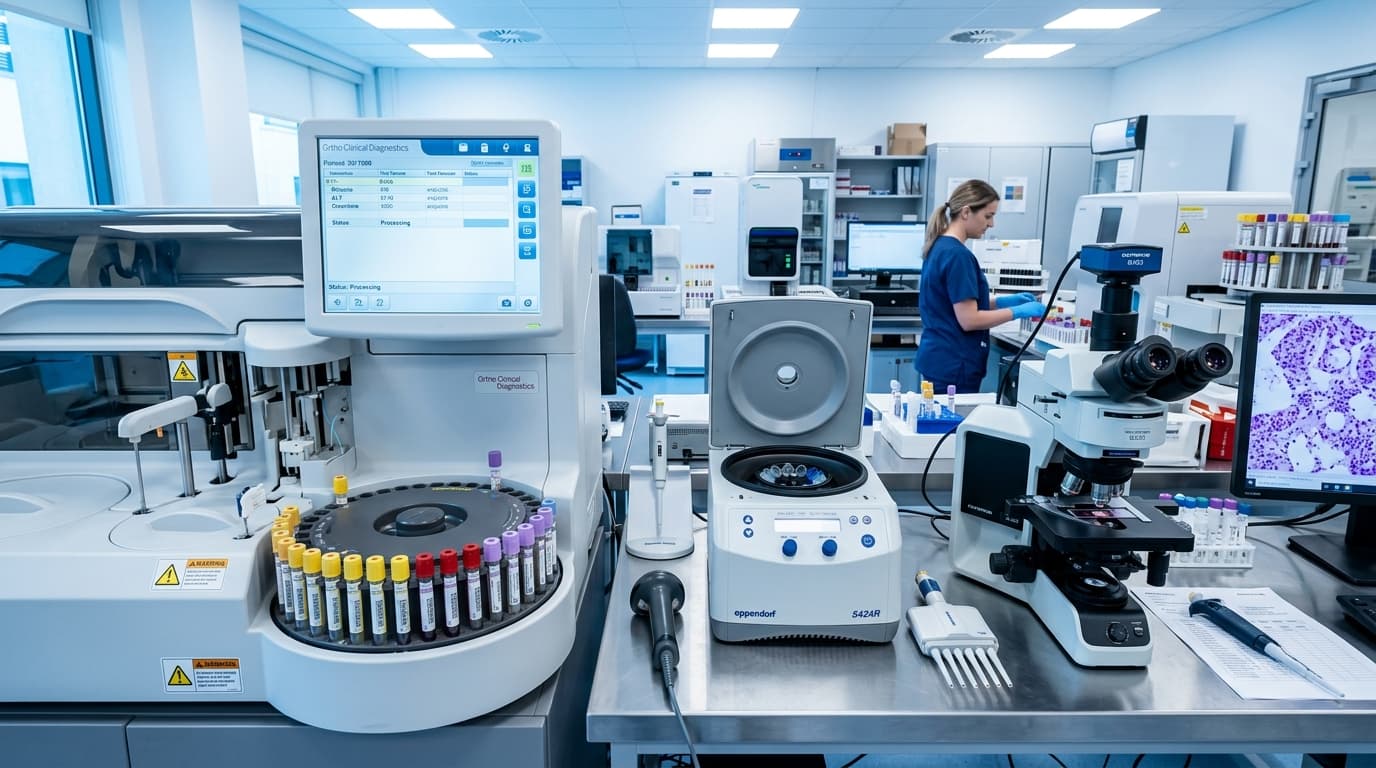 Automated clinical chemistry analyzer, laboratory centrifuge, and digital microscopy system