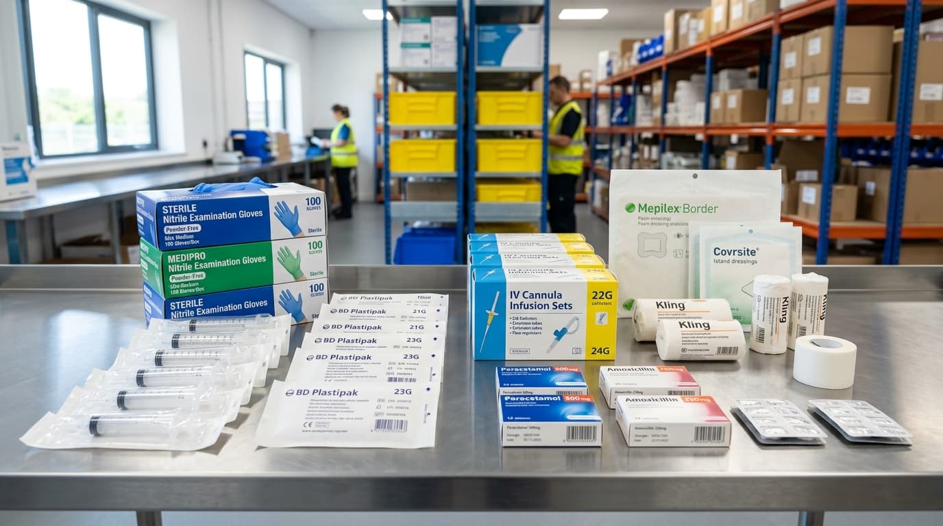 Sterile surgical examination gloves, syringes, IV infusion sets, and pharmaceutical supplies
