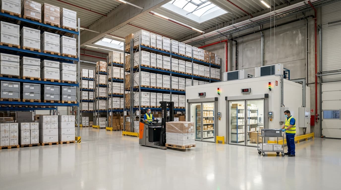 Modern medical warehouse with pharmaceutical grade cold-chain staging