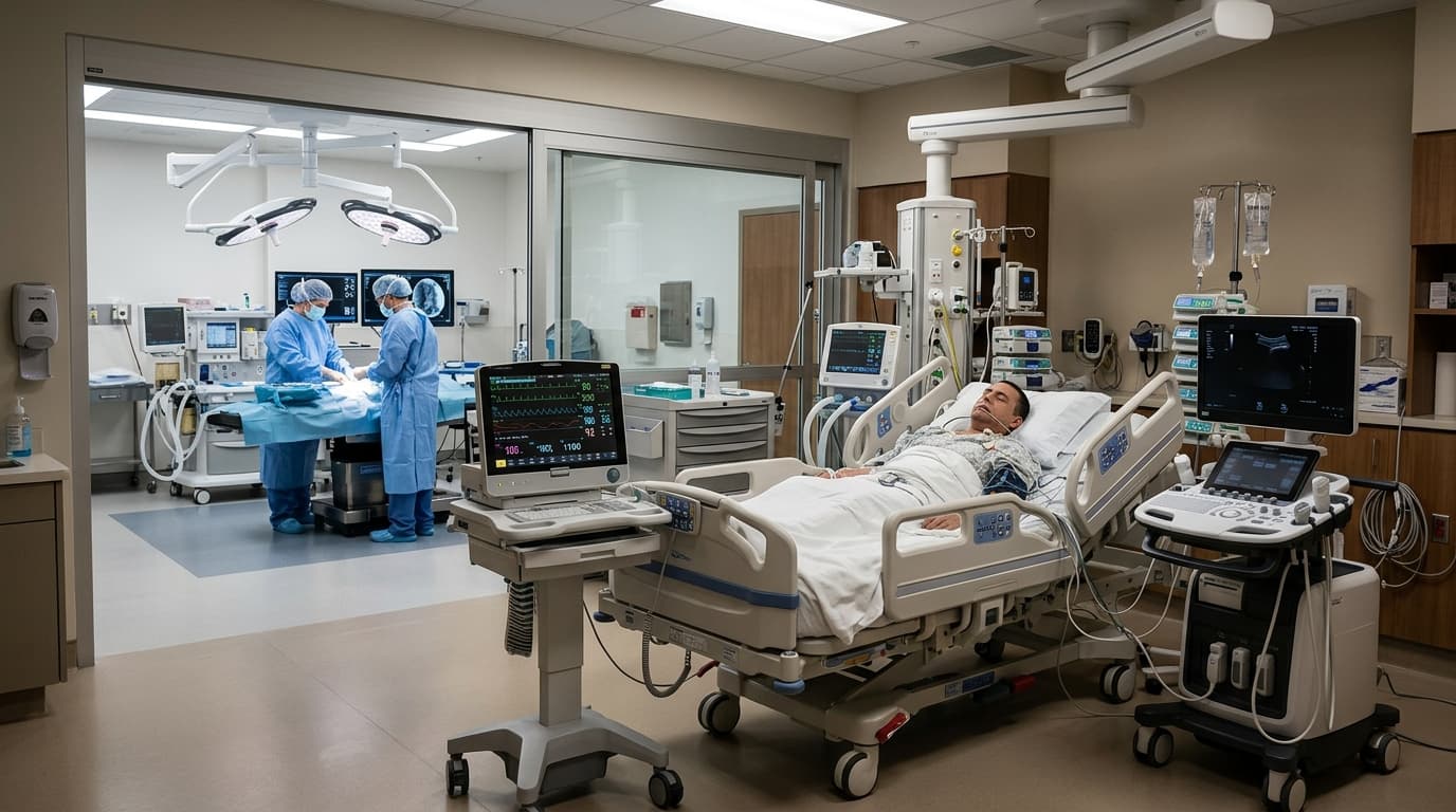ICU patient monitors, surgical tables, and hospital equipment in Addis Ababa